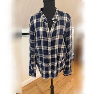 Faherty Womens Blue Plaid Ruffle Button Up Shirt Size M Preppy Old Money EUC